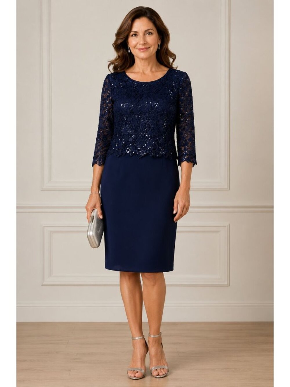 NWT $1286 Cailand Lace Sequins Scalloped Sleeves Sheath Dress Blue Size 14